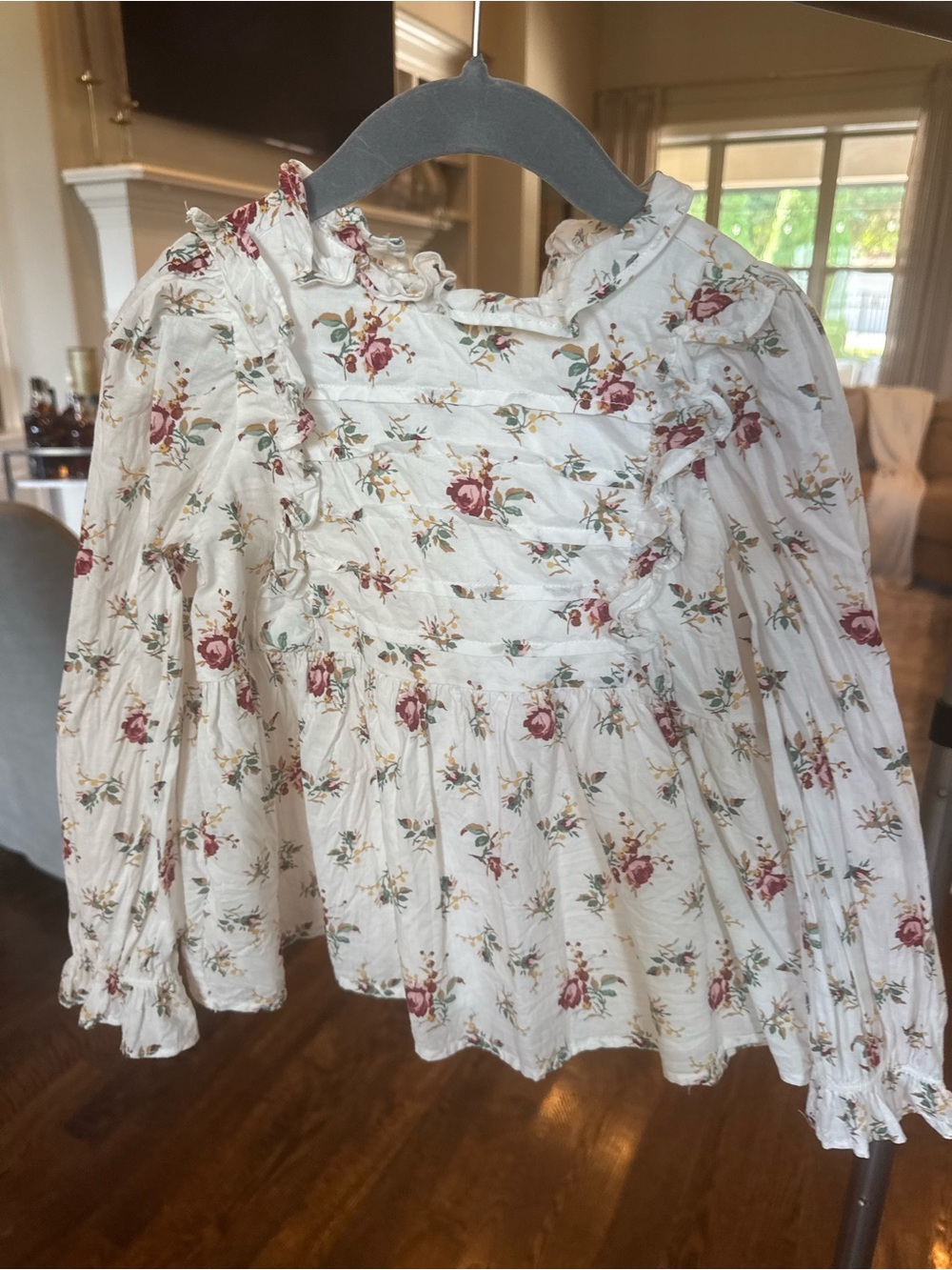 Janie and Jack Ivory Floral Ruffle Blouse with Rose Print